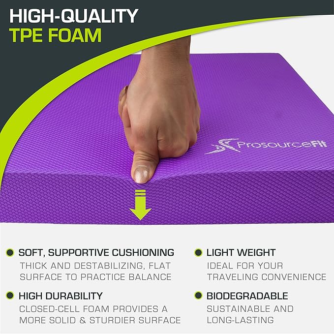 ProsourceFit Exercise Balance Pad – Large Cushioned Non-Slip Foam Mat & Knee Pad for Fitness, Stability Training, Physical Therapy, Yoga 15"x19", Purple