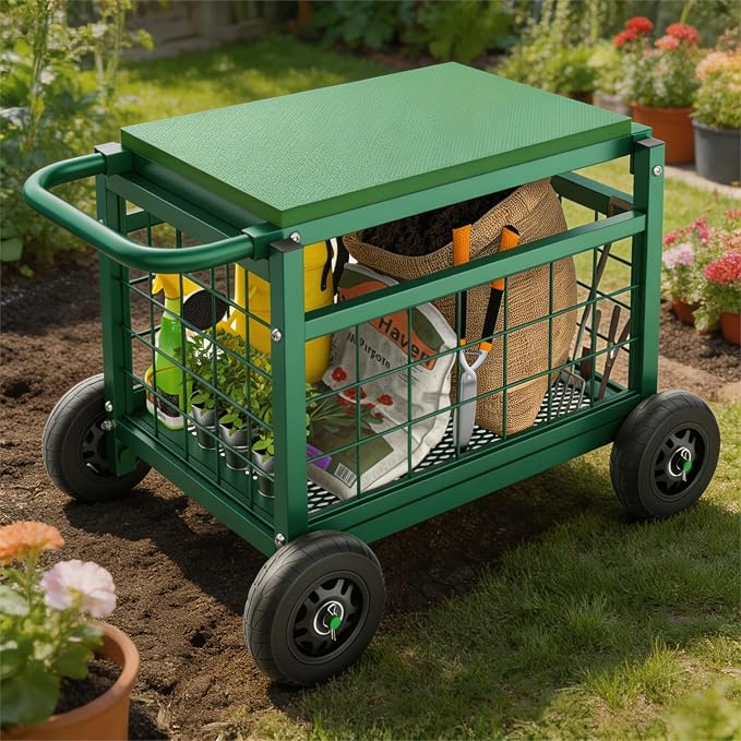 Extra Large Garden Cart with Seat, 3-in-1 Rolling Workseat with Wheels | - Image 2