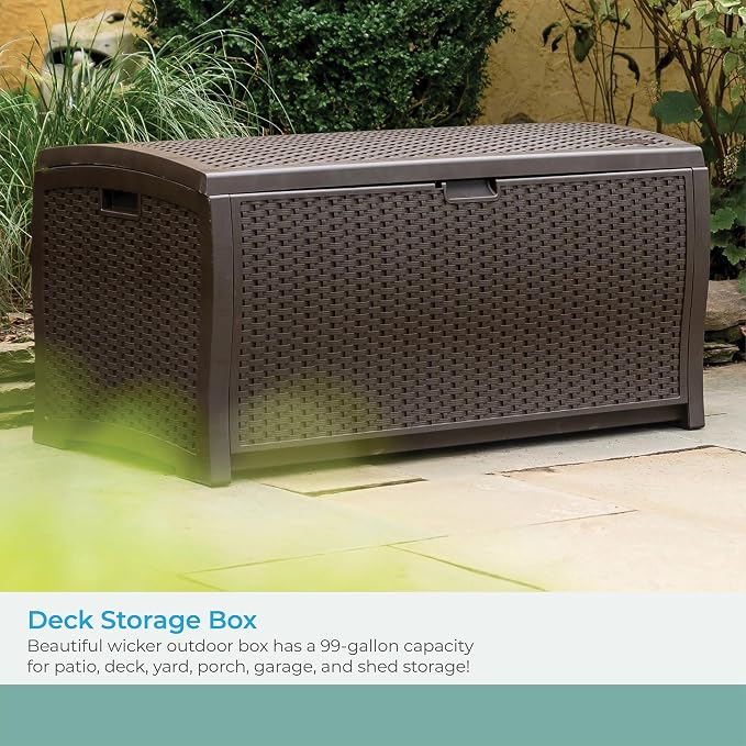 Suncast 99 Gal Wicker Resin Deck Box, Storage Chest Bin - Image 4