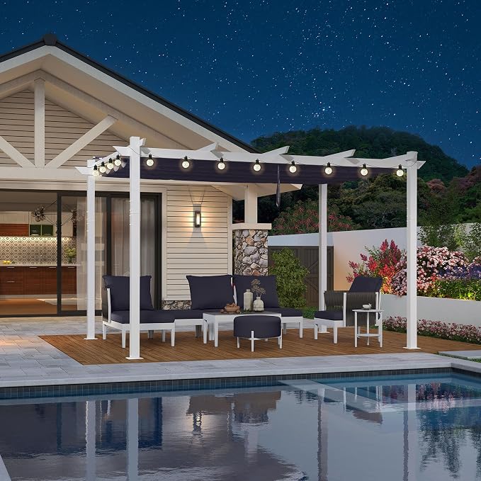 PURPLE LEAF Outdoor White Pergola 10' x 13' w/Bulb Lights, aluminum frame stays by Unknown