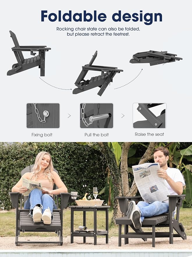 Adirondack Rocking Chair with Ottoman and Cup Holders | HDPE Porch Rocker - Image 4