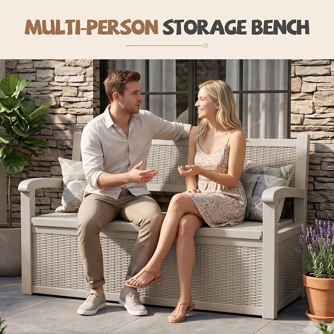 EFU Outdoor Bench Storage Deck Box, 100 Gallon Waterproof Wicker | Patio - Image 7
