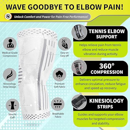 BLITZU Elbow Compression Sleeve for Tendonitis 2 Pack, Tennis Elbow Brace Support for Men and Women Golfers Elbow Pain Relief, Arthritis, Bursitis, Arm Brace for Workout, Weightlifting White S