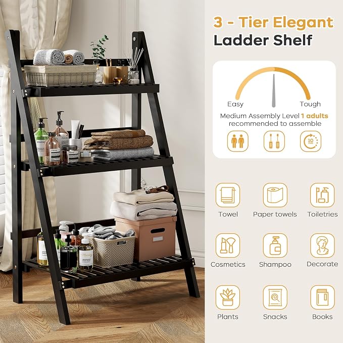 oakvivo 39.4" Foldable Plant Shelf Ladder Shelf, 3 Tier Bamboo Ladder Flower - Image 6