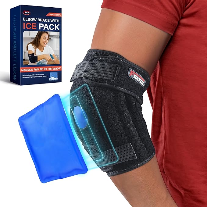 FEATOL Elbow Brace with Ice Pack for Tendonitis and Tennis Elbow-Pain Relief for Cubital Tunnel, Ulnar Nerve Entrapment, Bursitis-Reusable Ice Pack Brace for Men and Women, Large