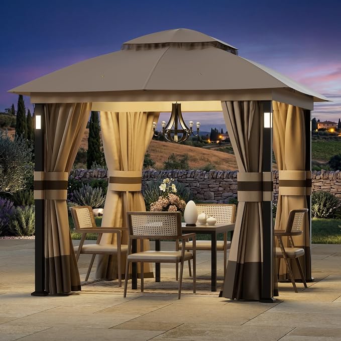 Patio Gazebo 8'x8' with LED Lights & Bluetooth Speaker, Heavy Duty Outdoor by CoveredOutdoor