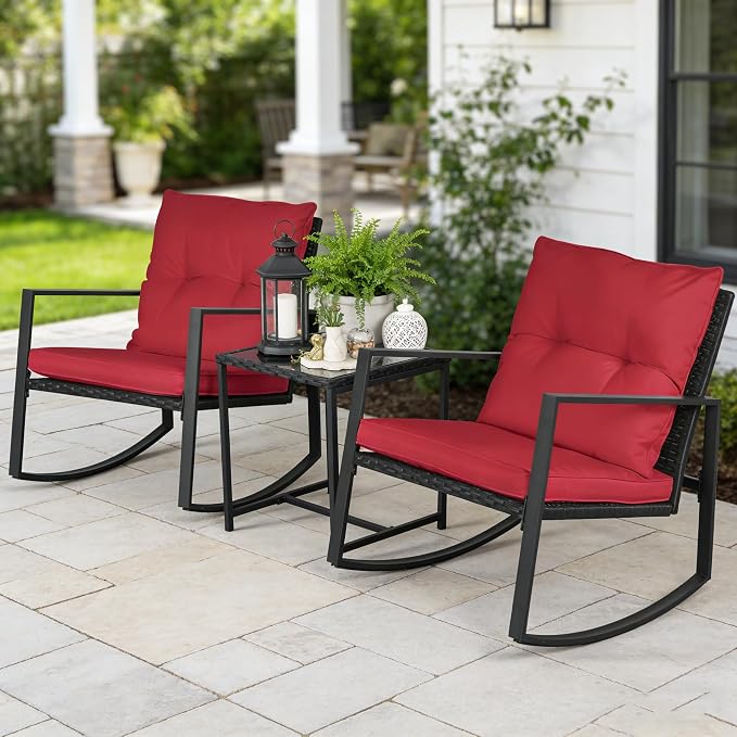 SUNCROWN 3 Piece Outdoor Rocking Bistro Set Black Wicker Furniture Porch Chairs - Image 3