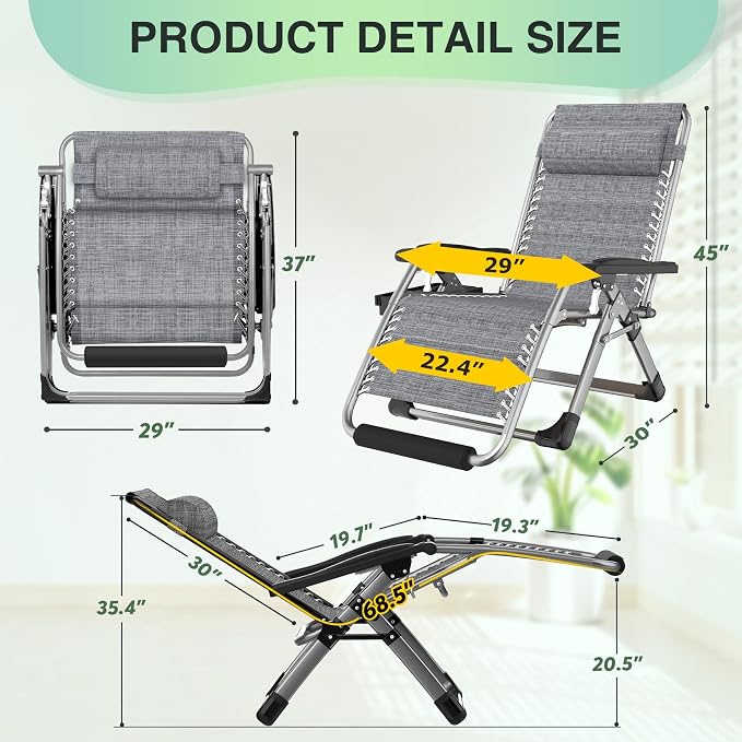 Suteck Oversized Zero Gravity Chair, 500LBS 29In XL Outdoor Recliner Chairs | - Image 2