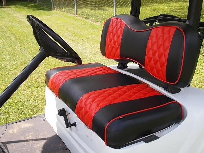 Huskey 2PCS Golf Cart Front Seat Covers for for EZGO Freedom TXT 2014+, Valor Custom Two-Tone Black/Red Diamond Stitching with Red Piping, Marine Grade Vinyl Material, Staple on Design