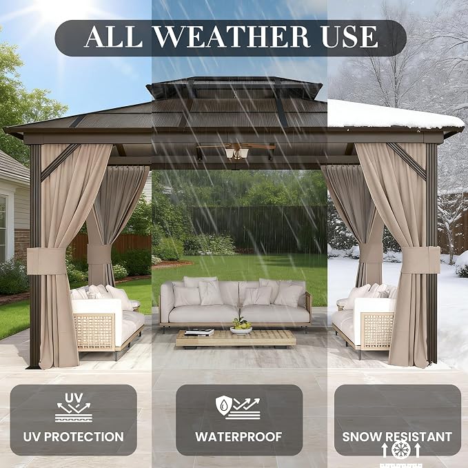 10'x13' Hardtop Gazebo, Outdoor Polycarbonate Double Roof Canopy, Aluminum - Image 8