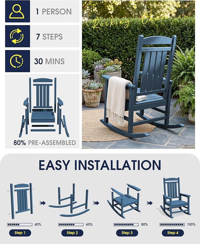 Oversized Outdoor Rocking Chairs Set of 4, HDPE Porch Rockers - Image 7