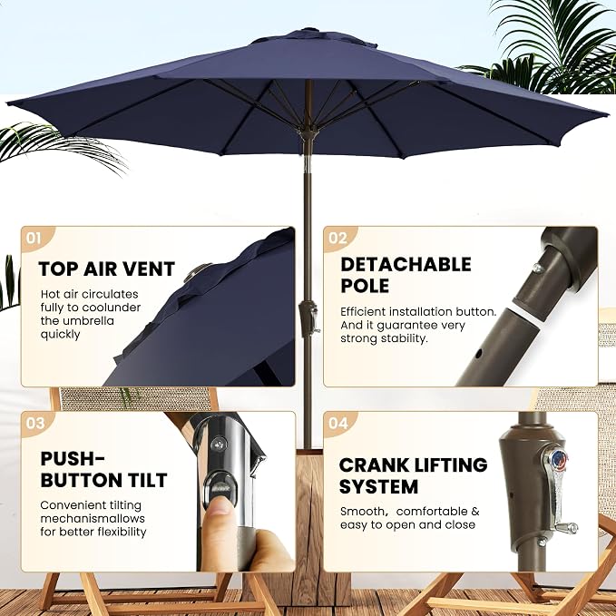 Ayge 9 FT Outdoor Umbrella Patio Table Umbrella Fiberglass Frame Navy | 8 - Image 3