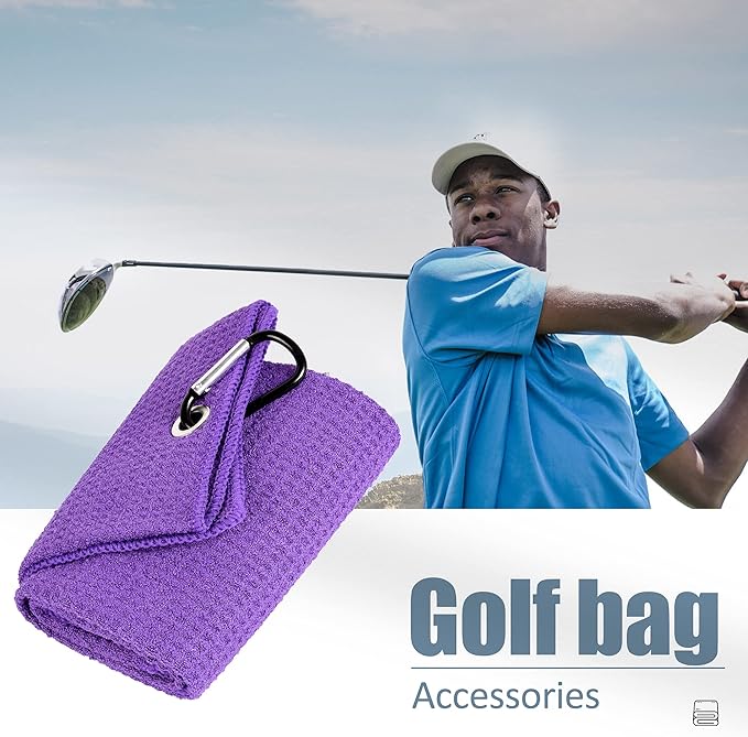 Mile High Life Microfiber Golf Towel, 21" X 24", Waffle Pattern w Clip, Super Absorbent Tri-fold Large Towels, Golf Bag Accessories for Men & Women（Purple）