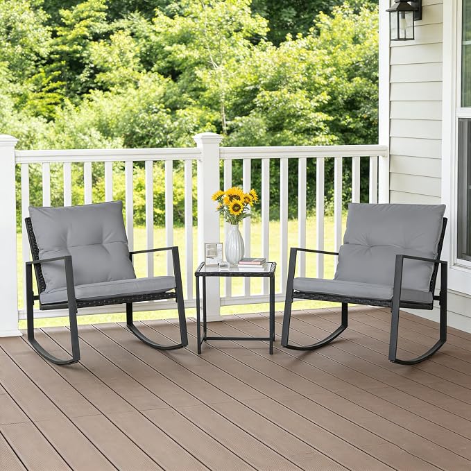 SUNCROWN 3 Piece Outdoor Rocking Bistro Set Black Wicker Furniture Porch Chairs - Image 4