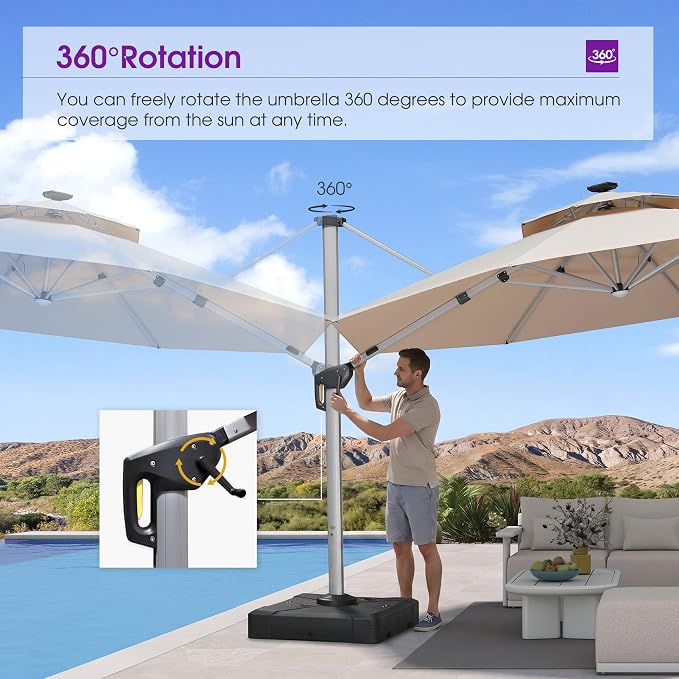 PURPLE LEAF Cantilever Umbrella 13ft Solar LED Light Double Top, Support to - Image 6