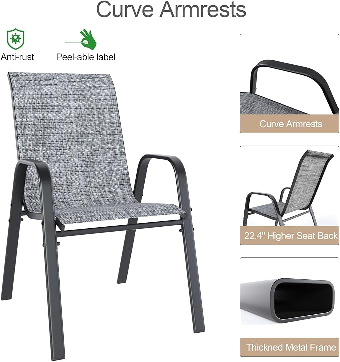 Outdoor Patio Chairs Set of 6 Stackable Dining Chairs All-Weather Textilene - Image 9