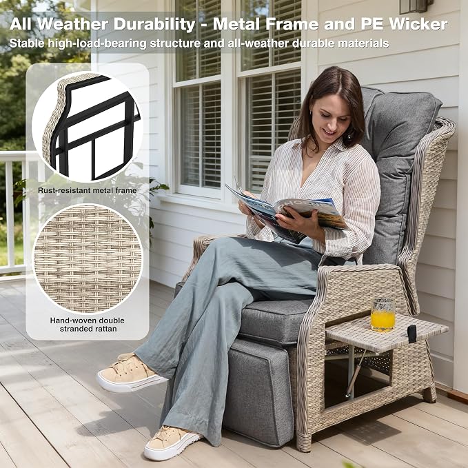 Outdoor Recliner with Adjustable Backrest and Footrest, PE Rattan Lounge Chair - Image 6