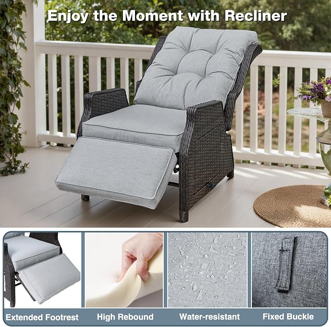 2 Pieces Outdoor Recliner with Adjustable Backrest and Footrest, Light Grey | - Image 4