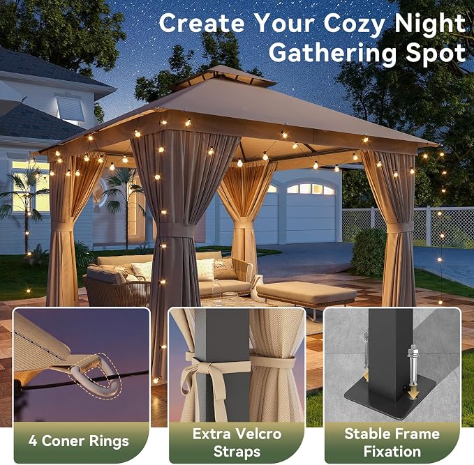 10'x10' Gazebo with Light, Outdoor Gazebo with Double Roofs | Metal Frame Canopy - Image 4