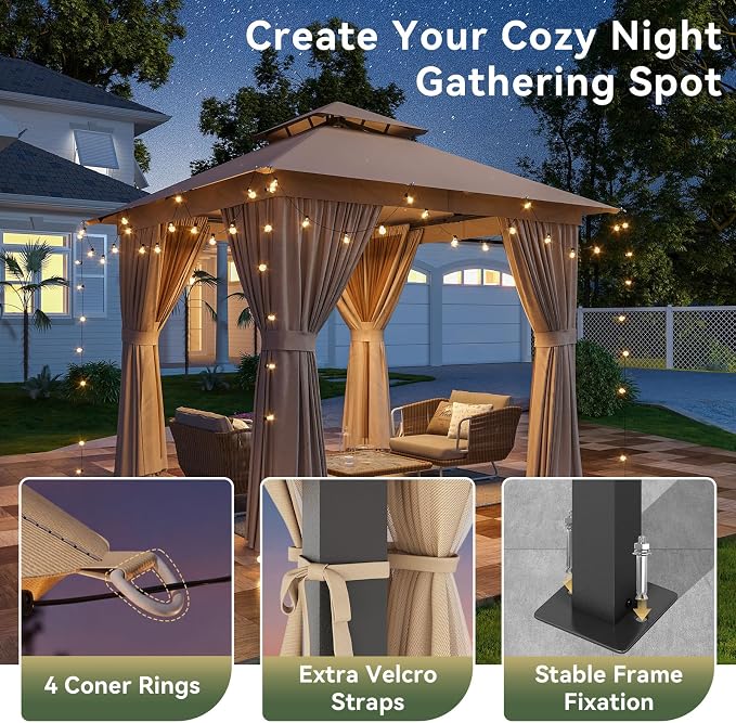 8'x8' Gazebo with Light, Outdoor Gazebo with Double Roofs | Metal Frame Canopy - Image 4