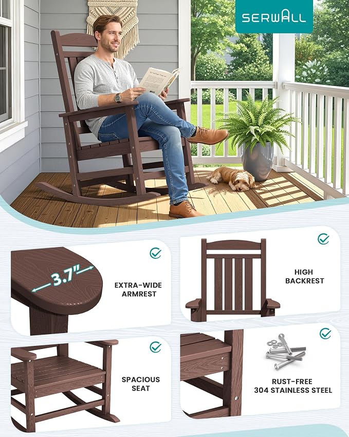 SERWALL Outdoor Rocking Chair Set of 4, Patio Rocking Chair, Coffee | HDPE - Image 7