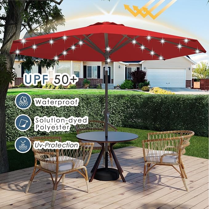 9FT Patio Umbrella with Solar Lights, Outdoor Market Umbrella with Tilt and - Image 5