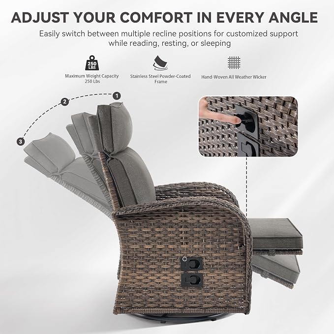 3 Pieces Zero Gravity Patio Swivel Recliner Chairs Set of 2 - Image 6