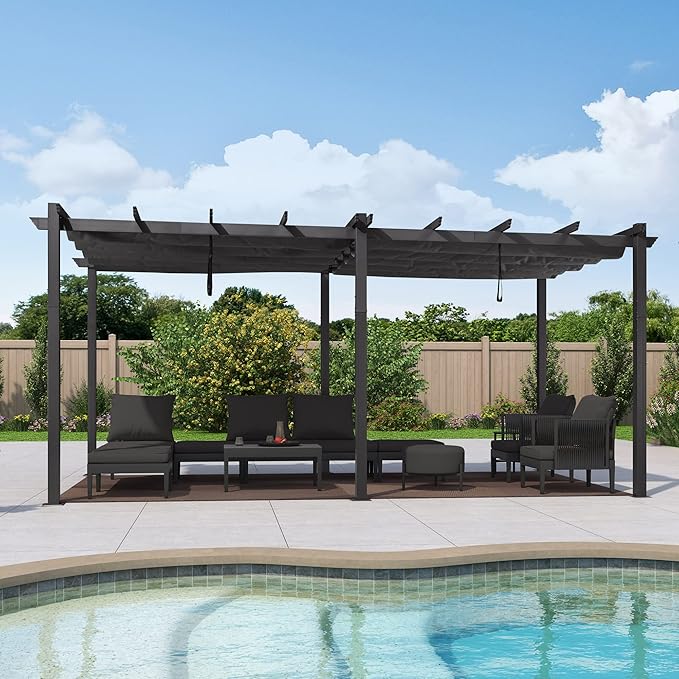 PURPLE LEAF Outdoor Pergola 10' X 18' Retractable Canopy Aluminum, Custom Shade by PURPLELEAF