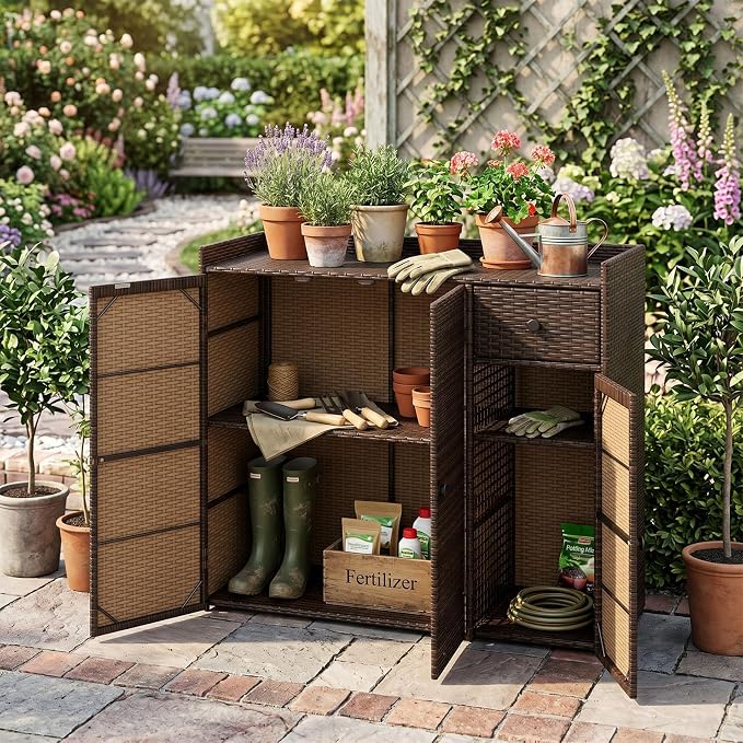 Tangkula Rattan Outdoor Storage Cabinet, Patiojoy Outdoor Cabinet - Image 9