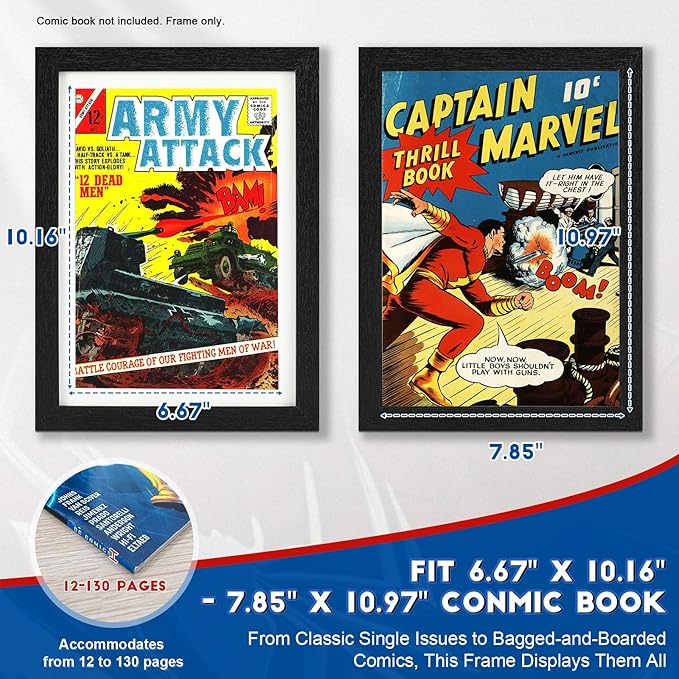 JupDec Comic Book Frame, Premium Wood Display Case for 6 11/16" × 10 3/16" Comic, Wall Mount or Tabletop Stand, Layered Design with Positioning Mat, Perfect for Home Decor, 2 Pack, White