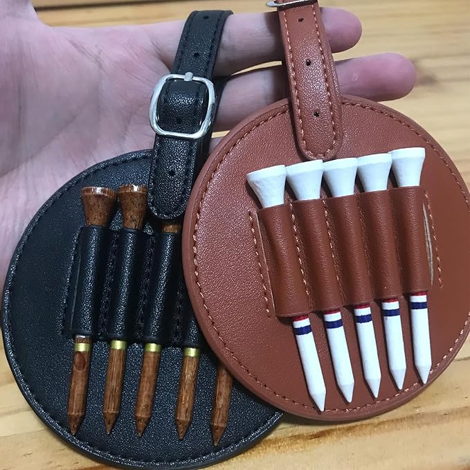 Golf Tee Holder for Bag, Golf Tee Carrier with 10 PCS Wooden Golf Tees 2-3/4 inch, Golf Accessories for Men and Women, Golf Bag Accessory and Golf Gift (Brown)