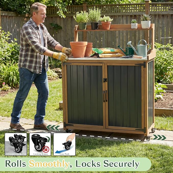 Outdoor Storage Cabinet with 4 Wheels and Handle, Metal & Wood Potting Bench - Image 3