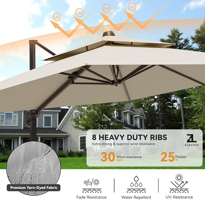 9x12FT Cantilever Patio Umbrella Heavy-Duty Aluminum | 360° Rotating Double - Image 3