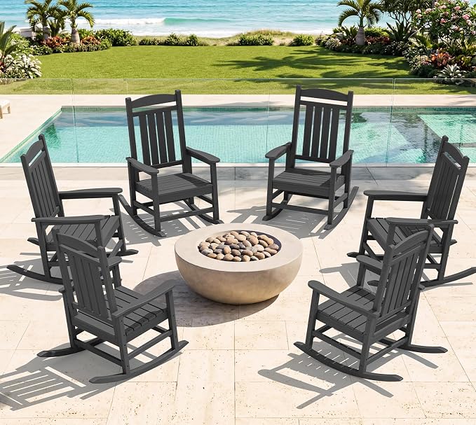 Oversized Outdoor Rocking Chairs Set of 6, HDPE Porch Rockers by KINGYES