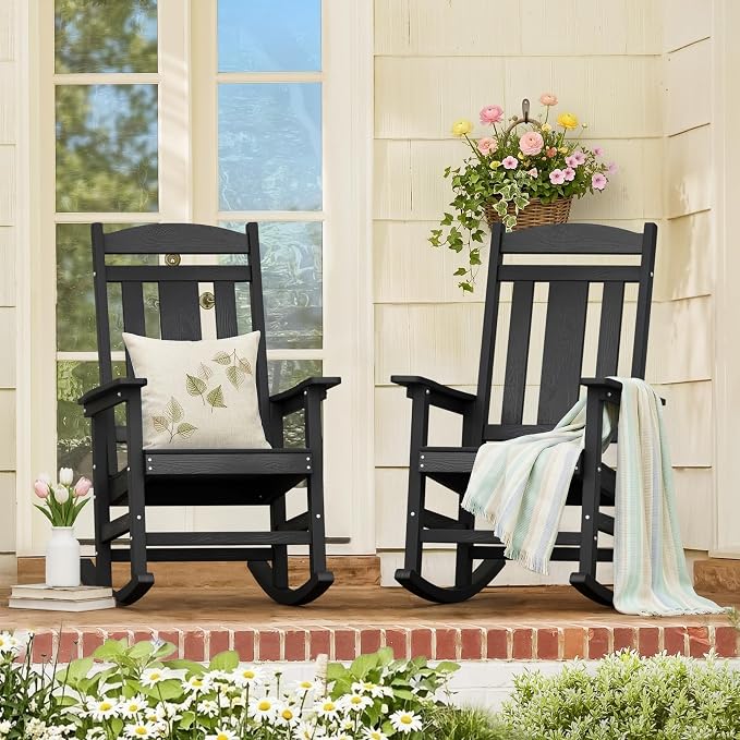 LUE BONA Outdoor Rocking Chairs Set of 2, Weather Resistant Poly Plastic Rocker by LUEBONA