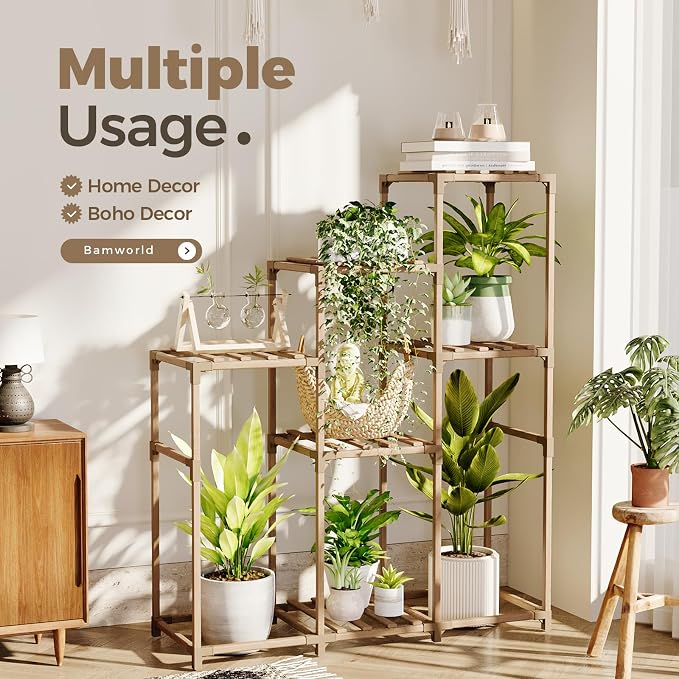 Bamworld Tall Plant Stand Indoor Wood Shelf Outdoor Tiered Rack | - Image 5