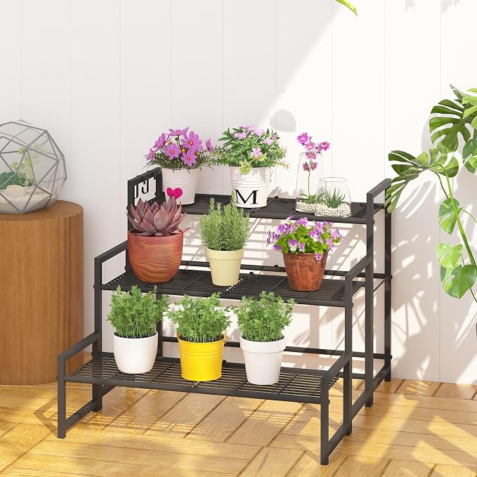 3-Tier Stair Style Metal Plant Stand, Stackable Plant Shelf | 3-tier stair style - Image 2