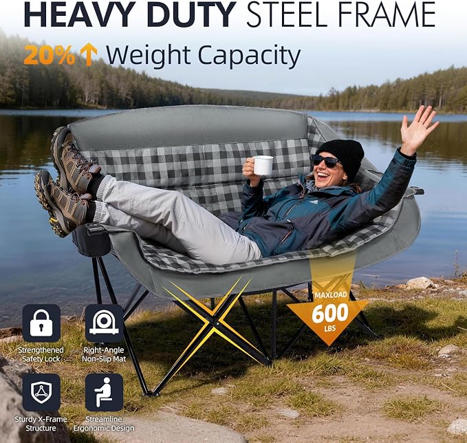 Double Camping Chair Loveseat -2 Person Oversized Padded Outdoor Camp Couch | - Image 5