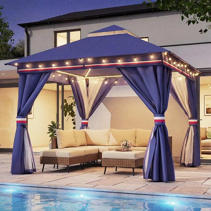10'x10' Outdoor Gazebo with 50FT String Lights, Metal Heavy Duty Patio Canopy by LAUSAINTHOME