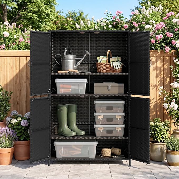 Tangkula Rattan Outdoor Storage Cabinet, Patiojoy Outdoor Cabinet - Image 2