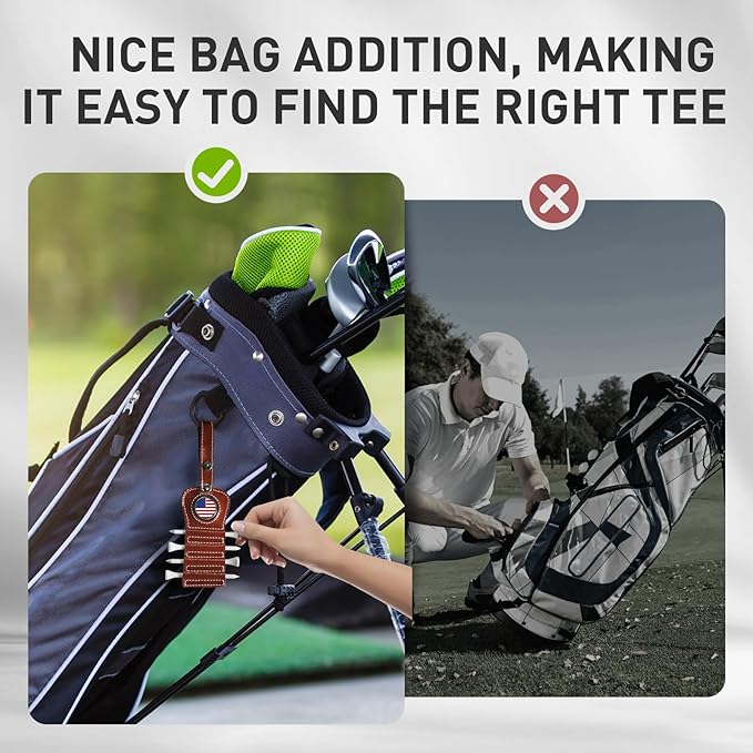 Golf Tee Holder with USA Ball Marker 4 Pcs White Wood Tees, Portable Hold Different Tee Leather Gift Hook Hanging Clip to Golf Bag Belt