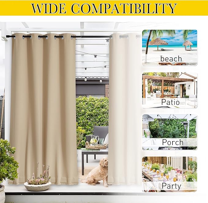 NICETOWN Outdoor Curtains for Patio Waterproof W84xL95 Biscotti Beige | Porch - Image 6