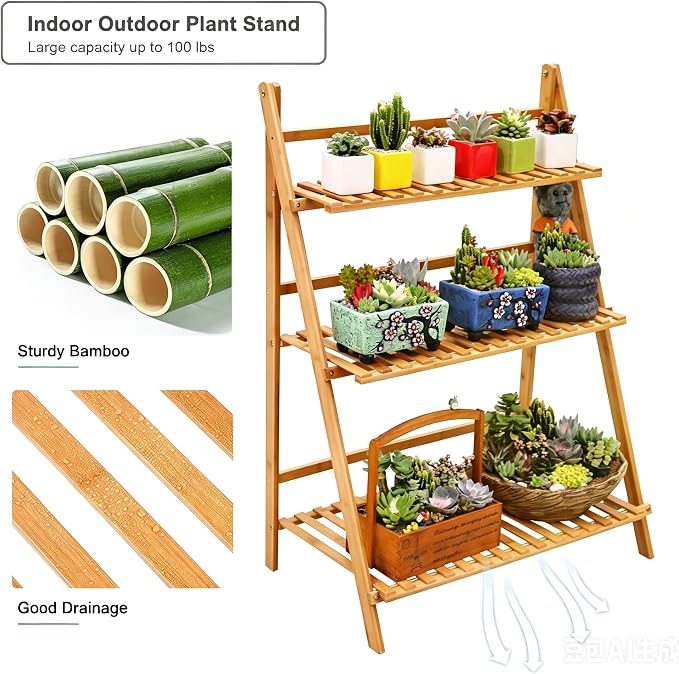 Ufine Bamboo Ladder Plant Stand 3 Tier Foldable Flower Pot Display Shelf | - Image 4