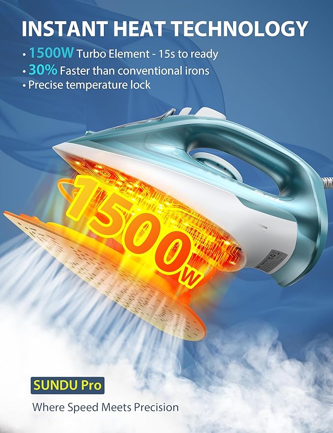 Iron Steamer for Clothes, Ceramic Soleplate, 500 Microsteam Holes, Powerful Steam Iron, Adjustable Steam, Burst of Steam, Self-Clean, Anti-Calc, Lightweight, Leakproof, Long-Lasting Steam