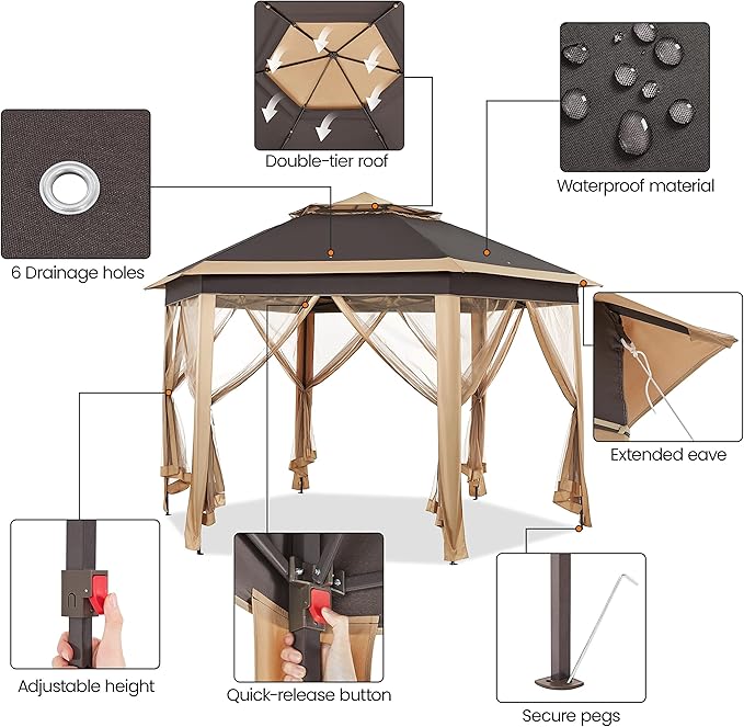 Yaheetech 13x13 Pop Up Gazebo Double-Tier w/Mesh Netting Patio Canopy Brown | - Image 4