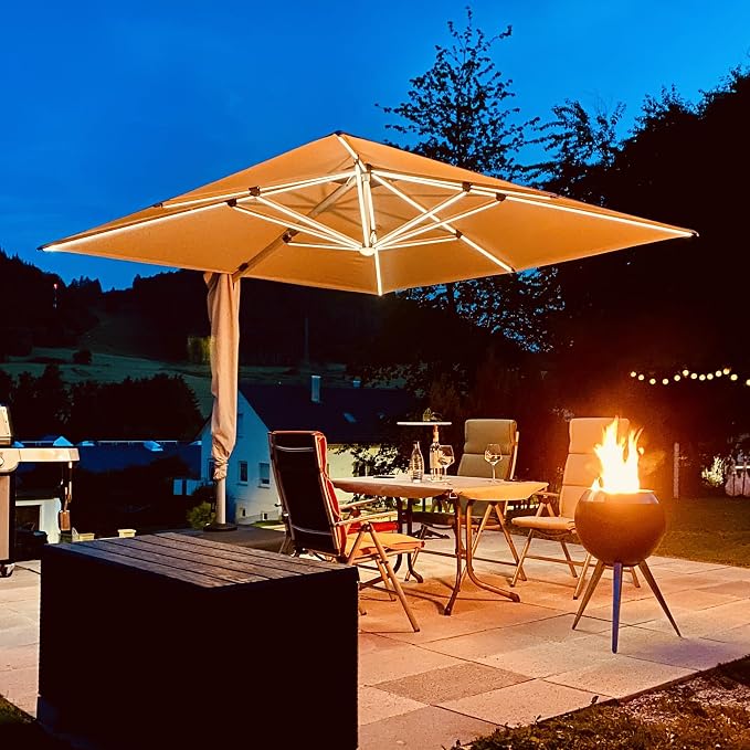 PURPLE LEAF Cantilever Umbrella 10' X 10' Double Top LED Light, Deep Beige | 7 by PURPLELEAF