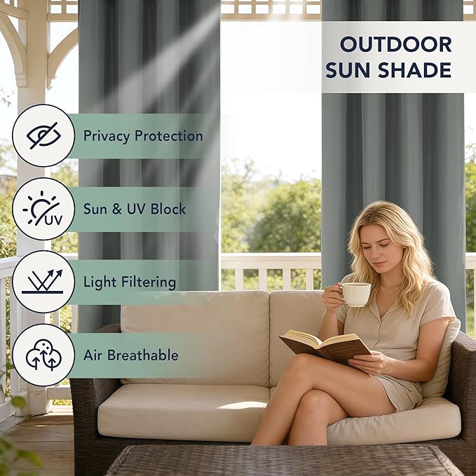 Outdoor Curtains for Patio Waterproof, 6 Drape Panels, Sun Shades | Privacy & - Image 3