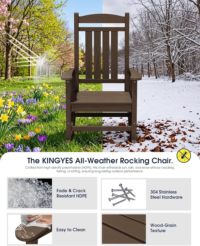 Oversized Outdoor Rocking Chair Set of 4, HDPE Porch Rocker, Coffee | - Image 5