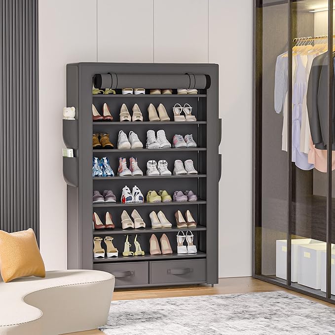 OYREL Shoe Rack Storage Cabinet 32 Pairs Organizer Shelf Tall for Shoes Large Free Standing Racks Vertical Shoe Holder Stand with Cover Two Boxes Closet