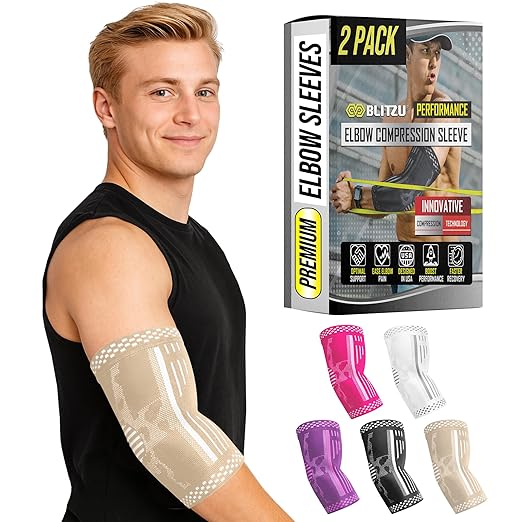 BLITZU Elbow Compression Sleeve for Tendonitis 2 Pack, Tennis Elbow Brace Support for Men and Women Golfers Elbow Pain Relief, Arthritis, Bursitis, Arm Brace for Workout, Weightlifting Nude XL